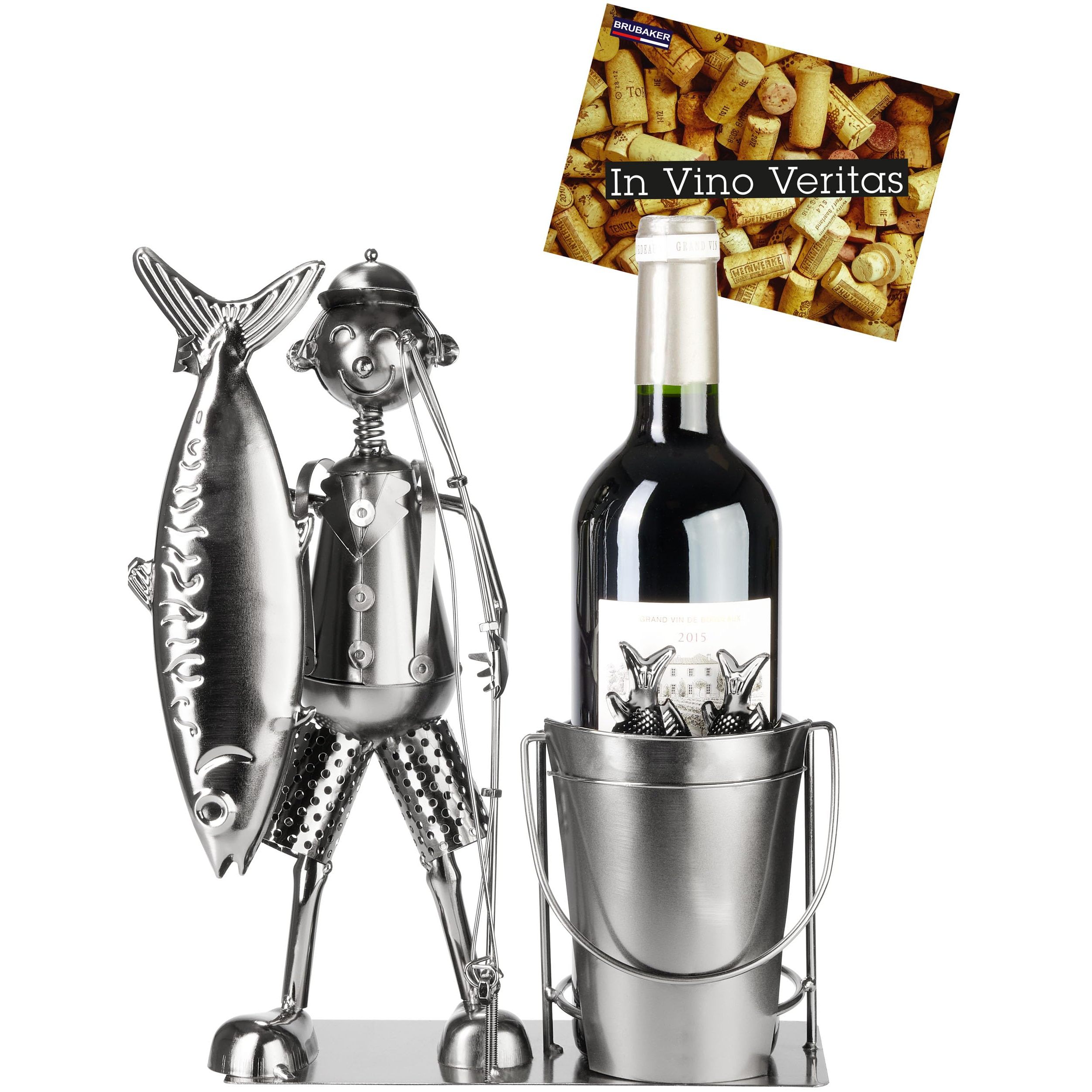 Image of Brubaker Wine Bottle Holder "" Angler With Fish, Fishing Rod, And Bucket - Metal Bottle Holder For Fishing - 30 Cm Wine Gift For Fishing Enthusiasts - Bottle Stand Decoration With Greeting Card
