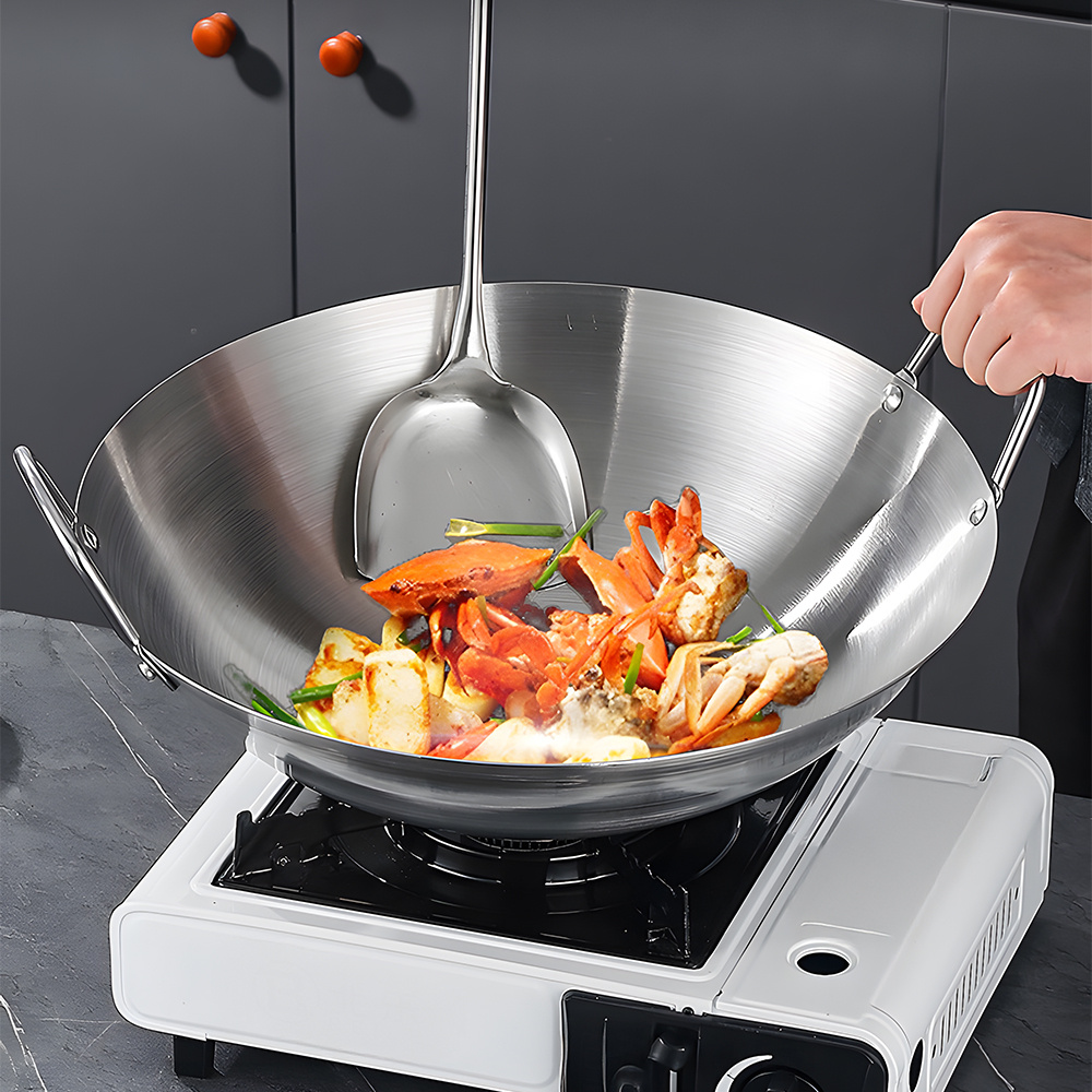 TEMU Double Handle Stainless Steel Kitchen Frying Pan, 38cm Round Pot, Large Capacity Home Use , Kitchen And Dining Cooking Tool Pot