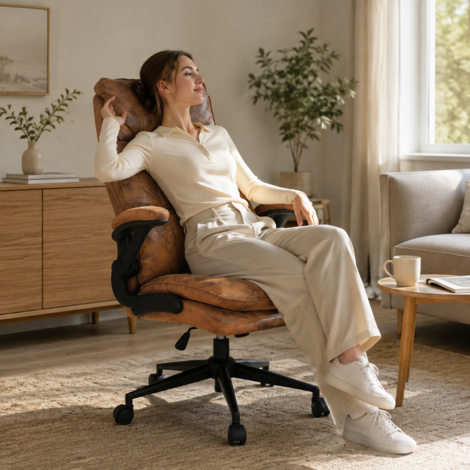 Image of Swivel Chair With Stitched Backrest And Hidden Accessories, Base Legs, Indoor Leisure Swivel Chair In Cat-proof Leather, Vintage