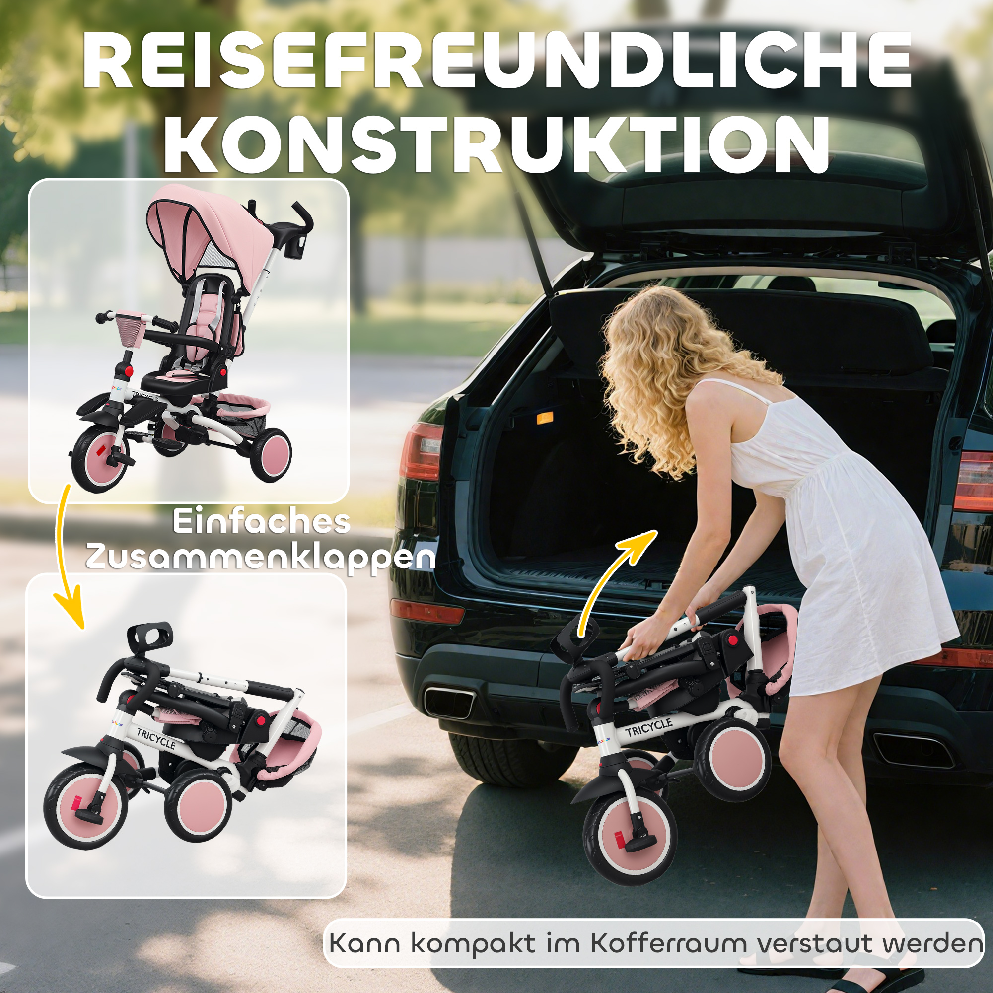 Kinderdriehoek, 6-in-1 Peuterwagen met Duwhandvat, Verstelbare Zitting, Opvouwbaar Ontwerp, Veiligheidsnet