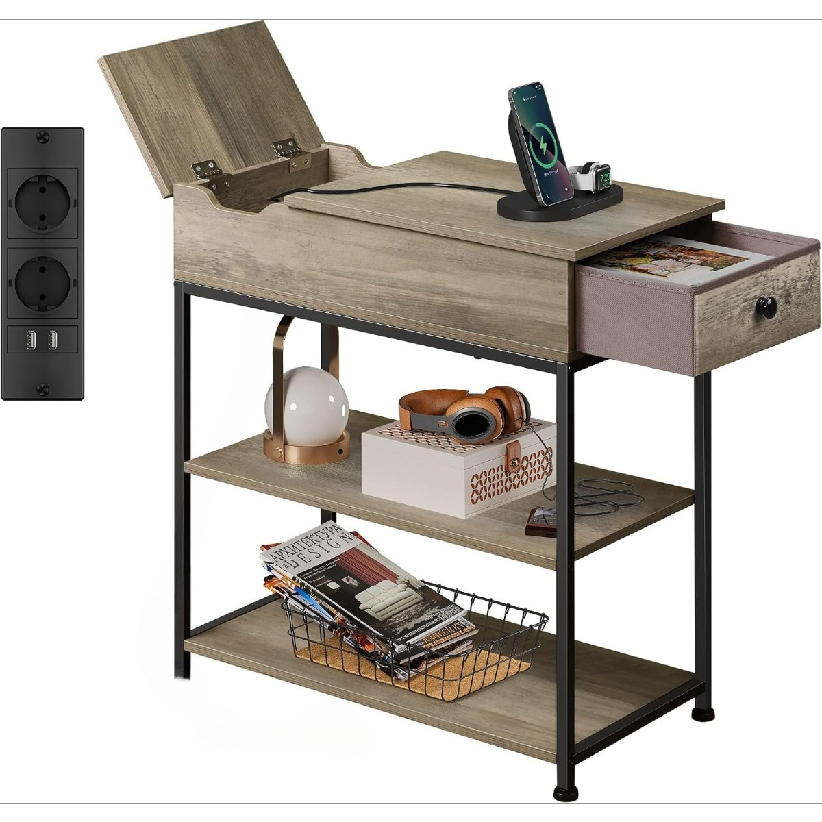 Side Table With Socket, 3 Levels Bedside Table With Storage Space, 2 Ac Ports, 2 Usb Ports, Folding Table Top, Side Table For Living Room, Study