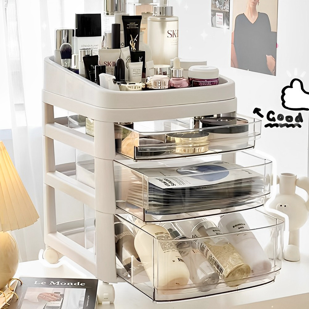 Floor Standing Cosmetic Storage Tower with Transparent Drawers, Portable Design