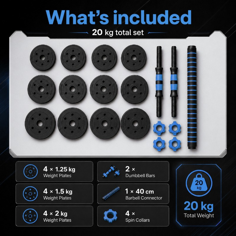 20KG Adjustable Dumbbell Set 3-in-1 Weight Set with Connector Bar