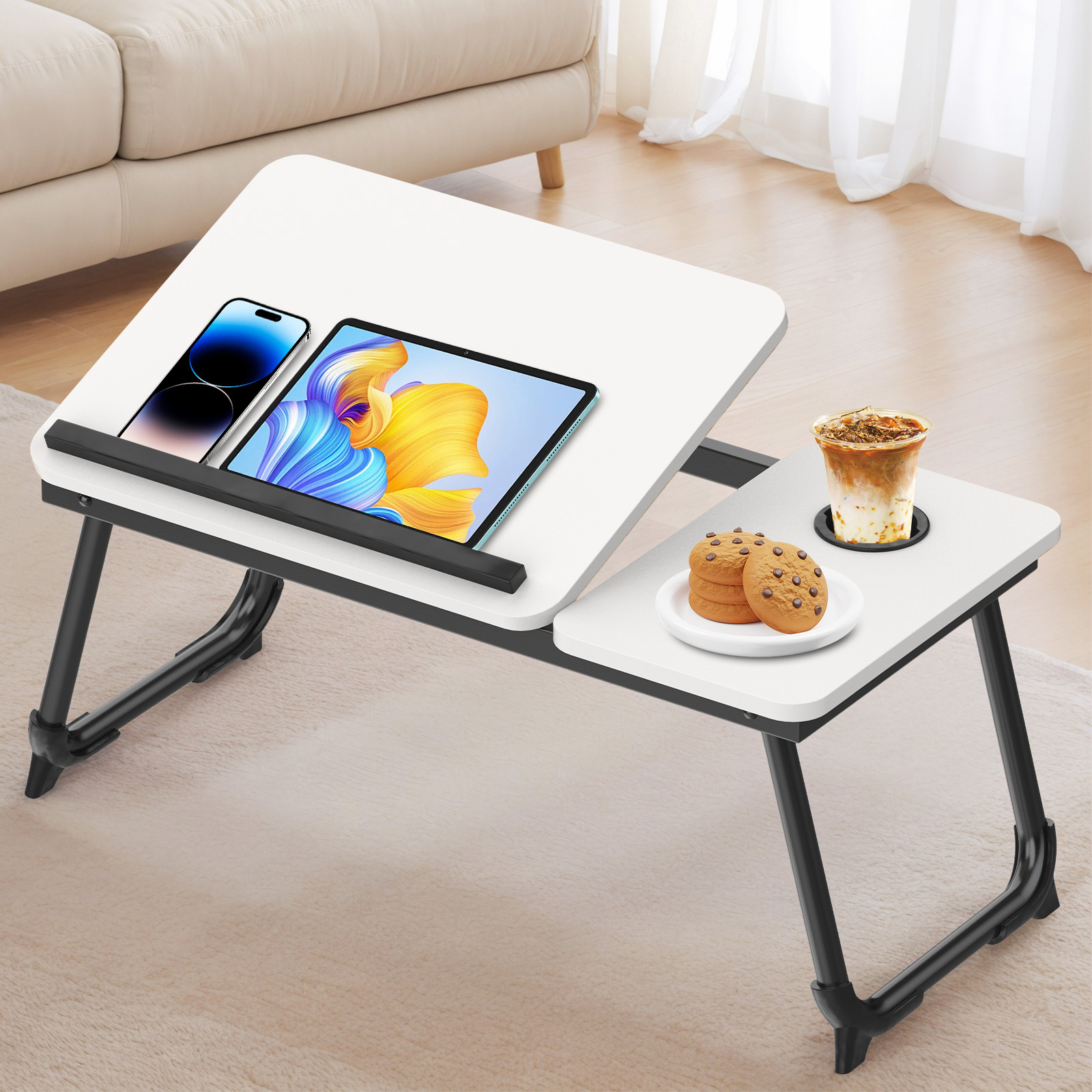 Lingsen Height-adjustable Folding Table With 5 Tilt , Integrated Cup Holder, And Sturdy Frame For Sofa Use, Ergonomic For Home Office And Leisure