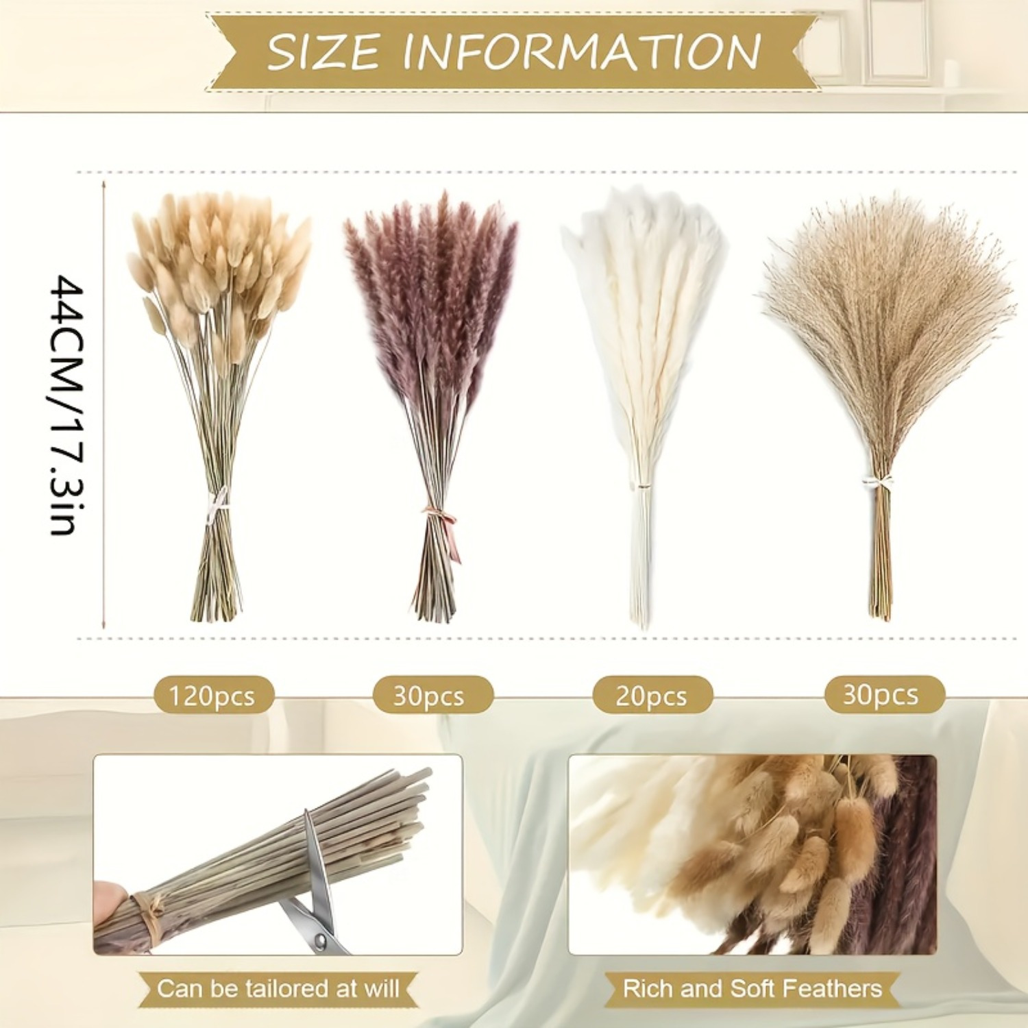 E-shop 200pcs Pampasgras-Trockenblumenstrauß Dekoration Großpackung Hasenschwanz 43,18 cm Boho-Trockenblumen Natürliches, flauschiges, pompöses