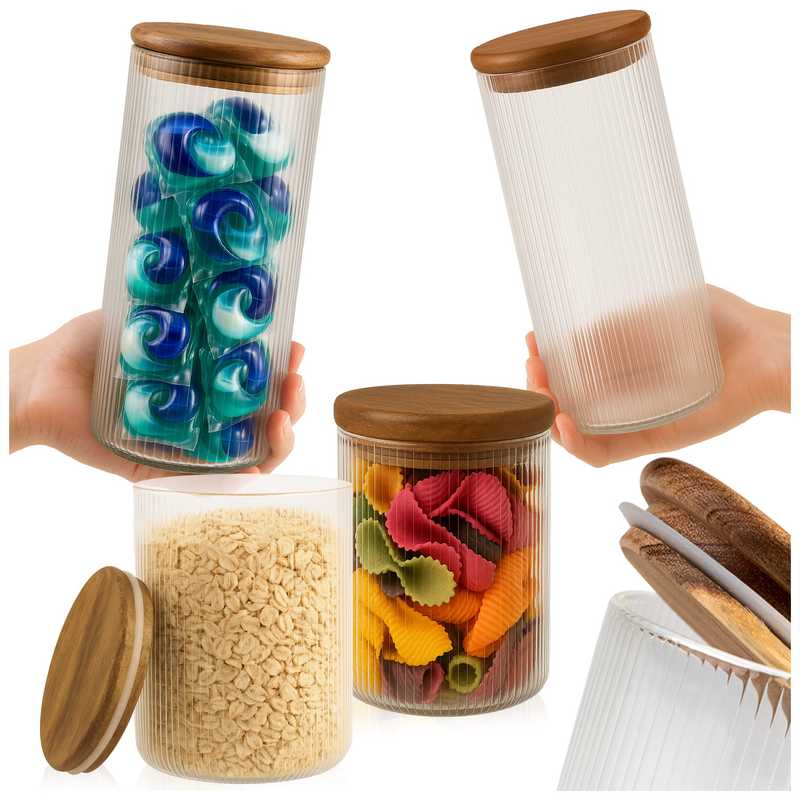 Image of 4-piece Glass Containers, Ribbed 2x 420 Ml + 2x 720 Ml - Jars For Pasta, Couscous, Coffee With Acacia Lid And Seal