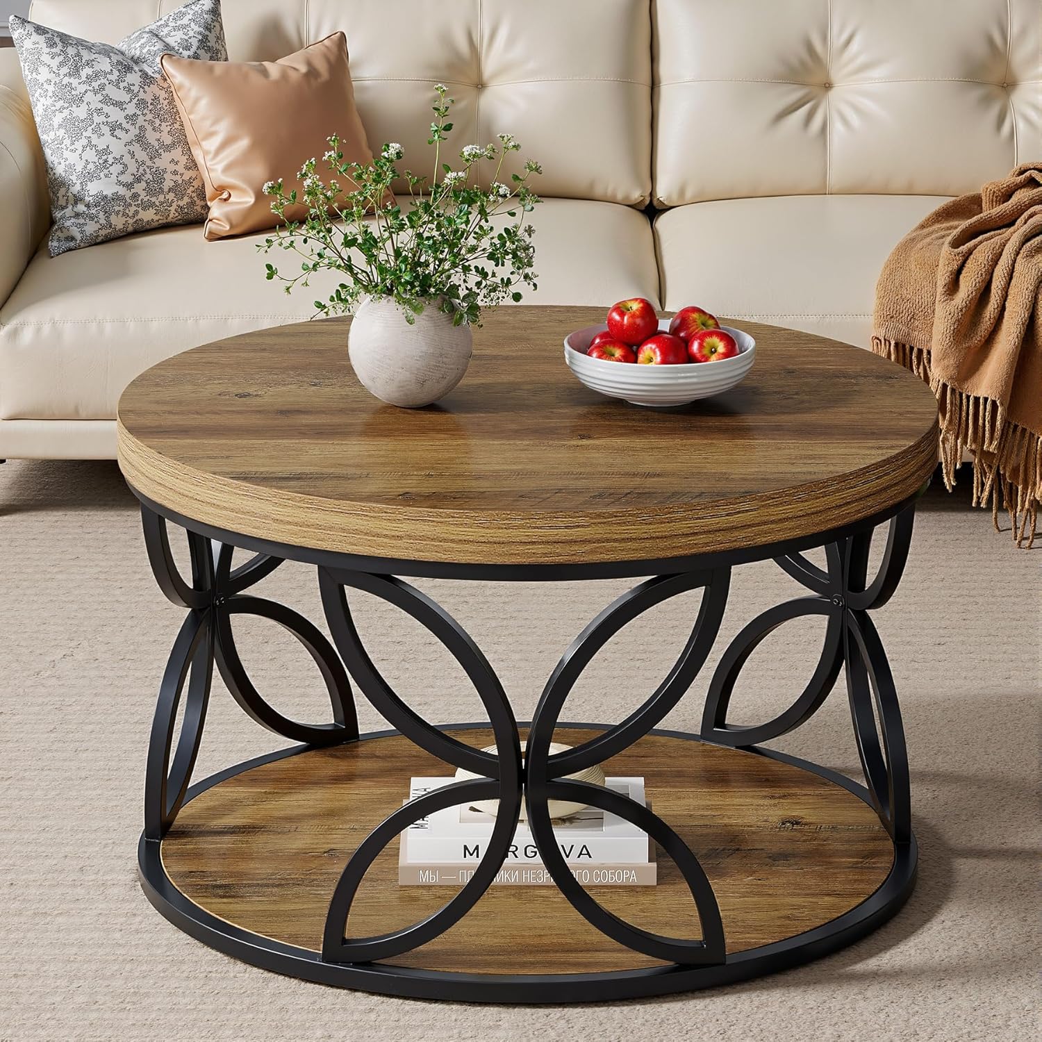 Image of Vintage 80cm Round Coffee Table With Storage Space, Modern 2-tier Circle Center Table For Living Room And Office, Rustic Brown Table With Wood Grain And Black Metal Frame