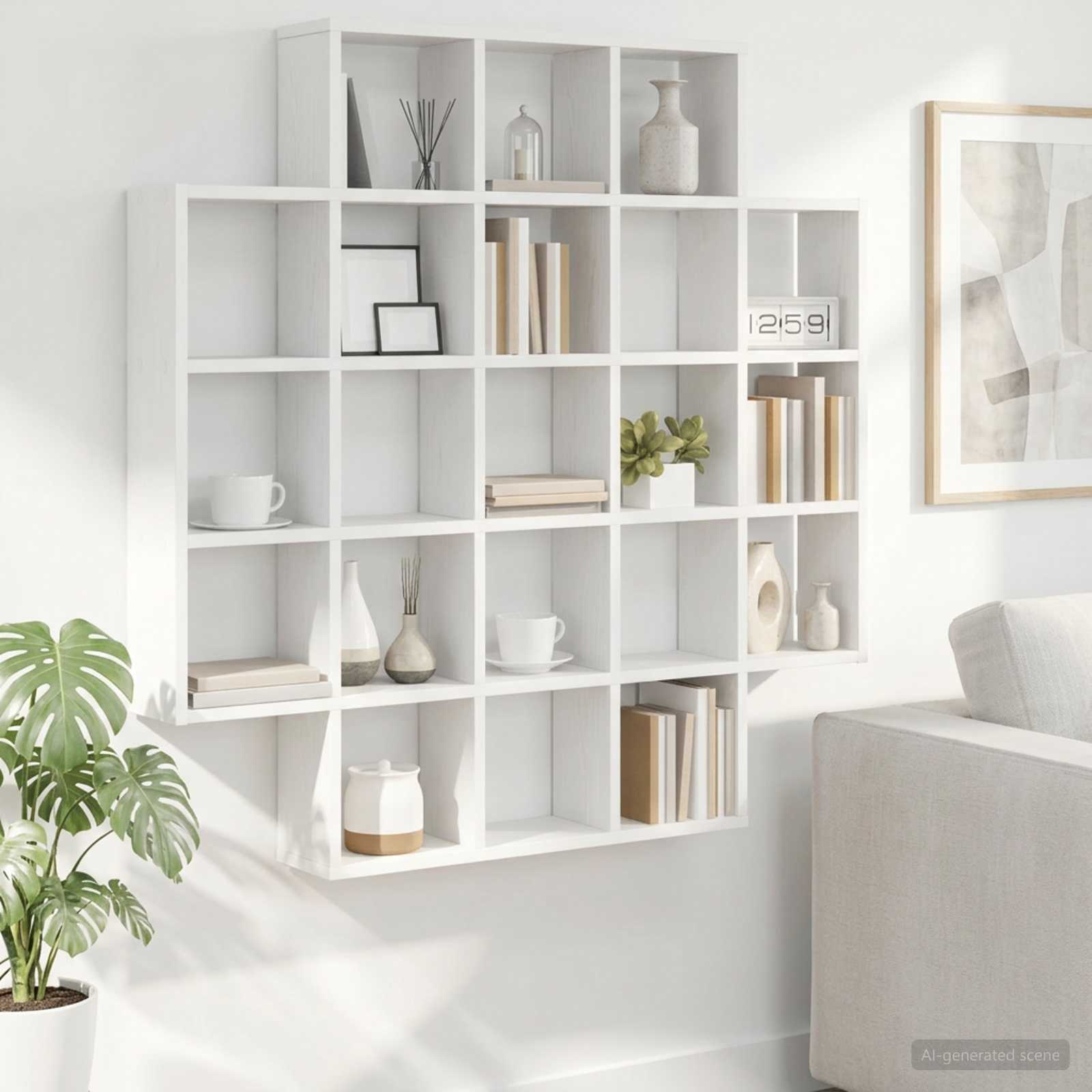 Image of Modern Wall Storage For Living Room Decor, Indoor Wooden Shelving Units, Display Storage Unit, Wall-mounted Shelf, Room Storage Solution, Modern Home Storage, Indoor Display Shelf, Stylish Wall Lamp