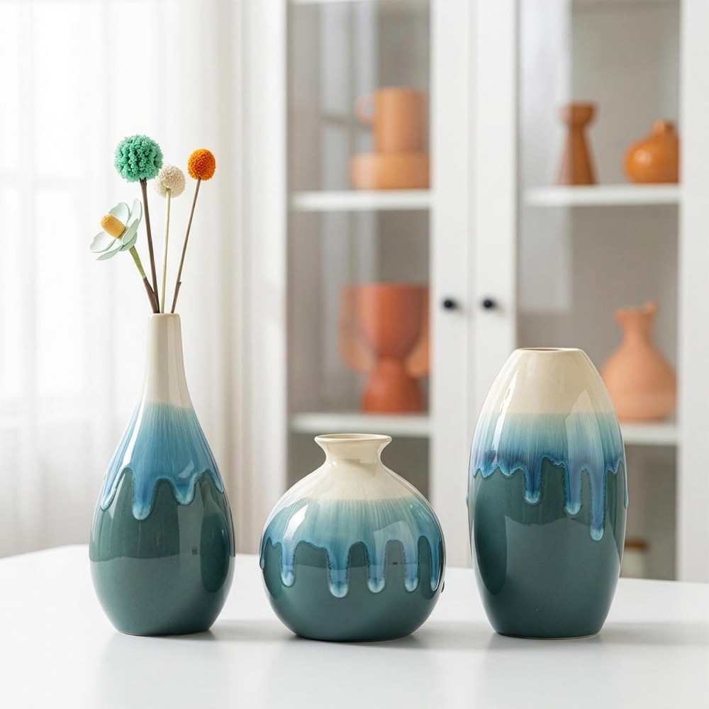 juego de 3 jarrones pequeños de cerámica   - atractiva superficie mate, estilo bohemio contemporáneo, mini jarrones de flores distintivos para decoración  , ideales para mesas de  , estanterías, chimeneas y entradas