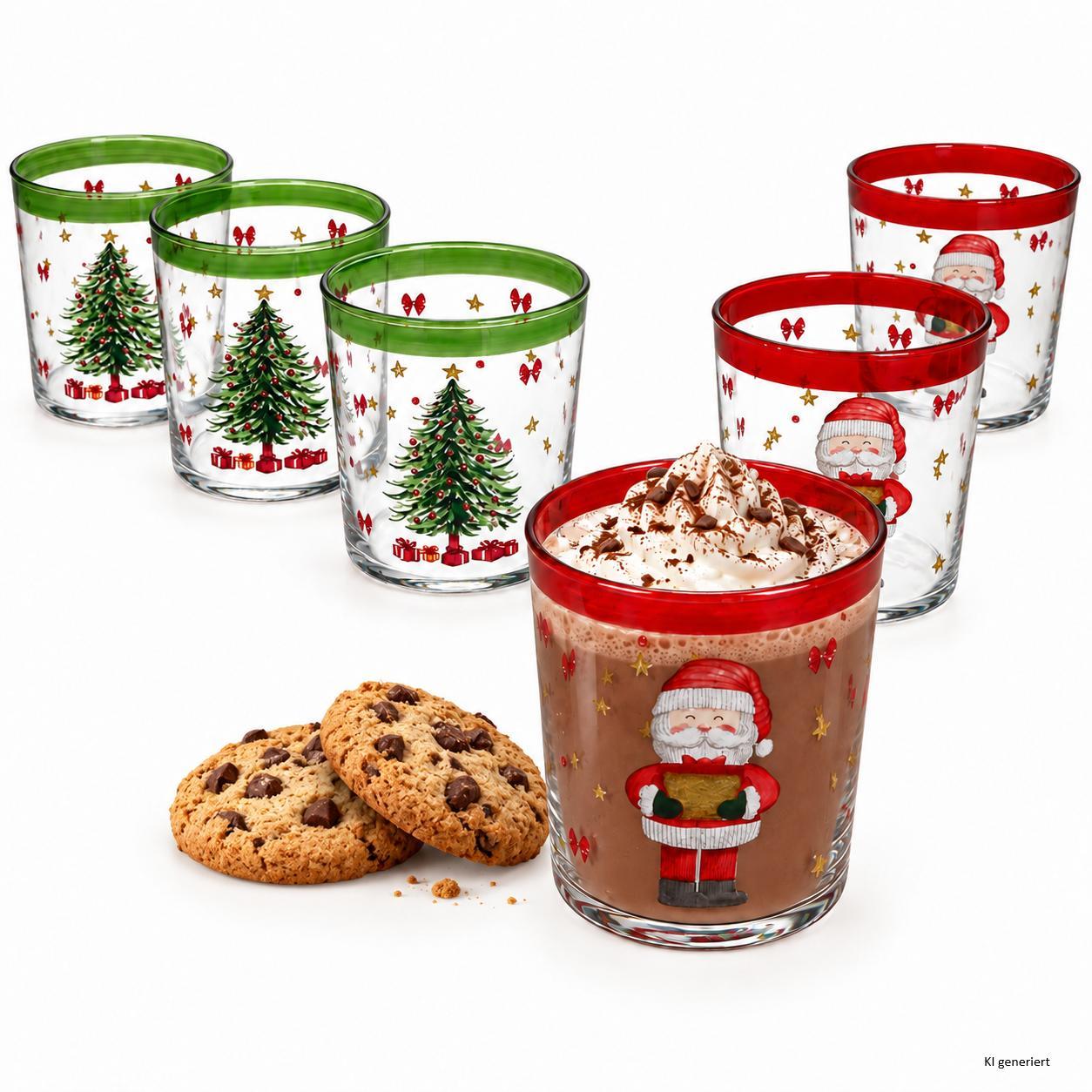 Image of 6pcs Set Drinking Glasses 380 Ml Christmas, 3x Green With Christmas Tree & 3x Red With Santa Claus, For Juice, Soft Drinks, & Winter Drinks