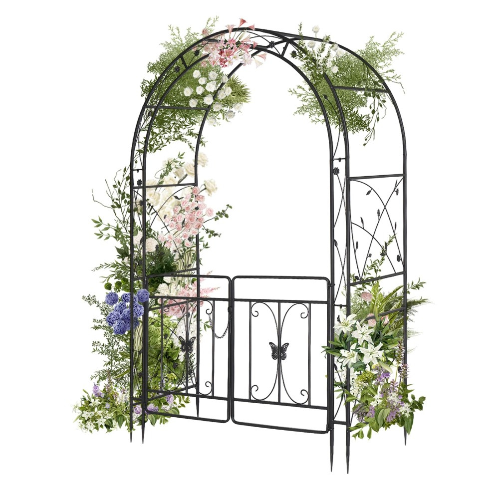 Image of Bonnlo Metal Rose Arch With 2 Gates, Sturdy Powder-coated Steel Trellis, Garden Trellis For Roses, Plants, 135x58x212cm, Black