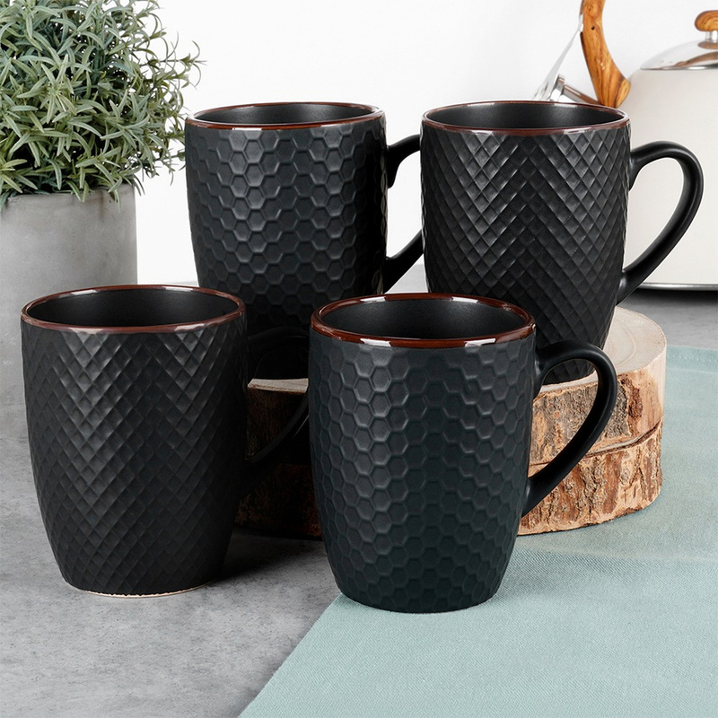 TEMU Black Ceramic Mugs, 400 Ml, 4 Pcs