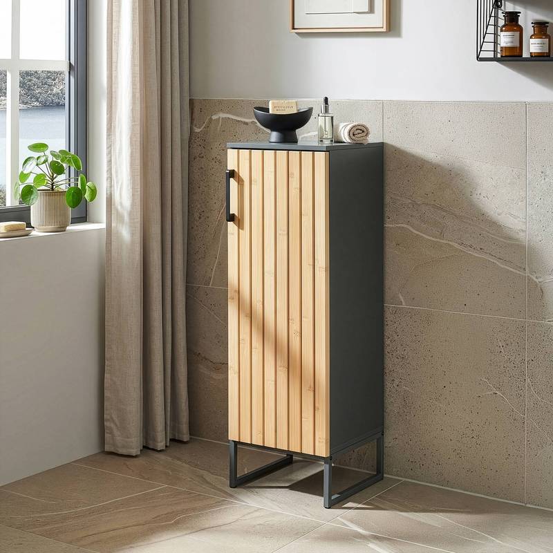 Image of Bathroom Cabinet Svanes With 1 Door And 3 Inner Compartments, Medium Cabinet 90 X 30 X 30 Cm, Bamboo Front, Metal Frame, Dark Grey/natural
