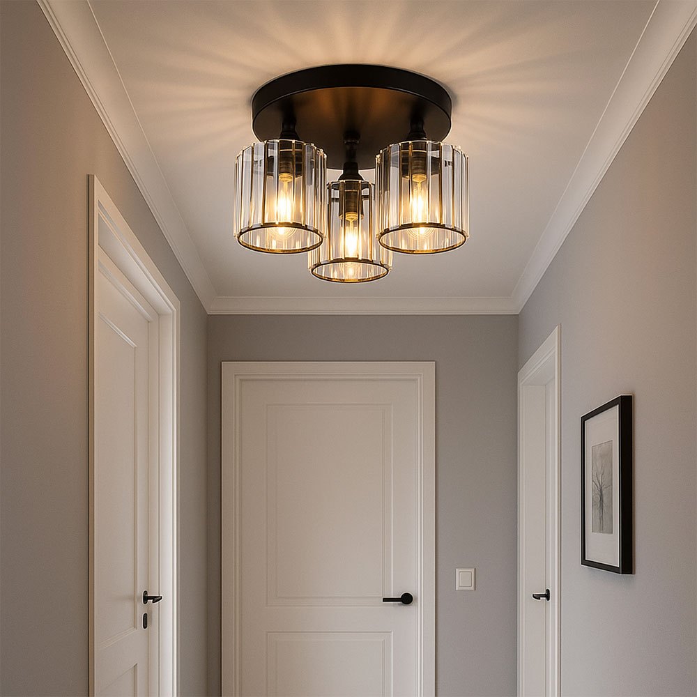 Ceiling Lamp, Round Acrylic Crystal Living Room Light, Bedroom Light, Black Metal, 3x E27, Dxh 35x18 Cm