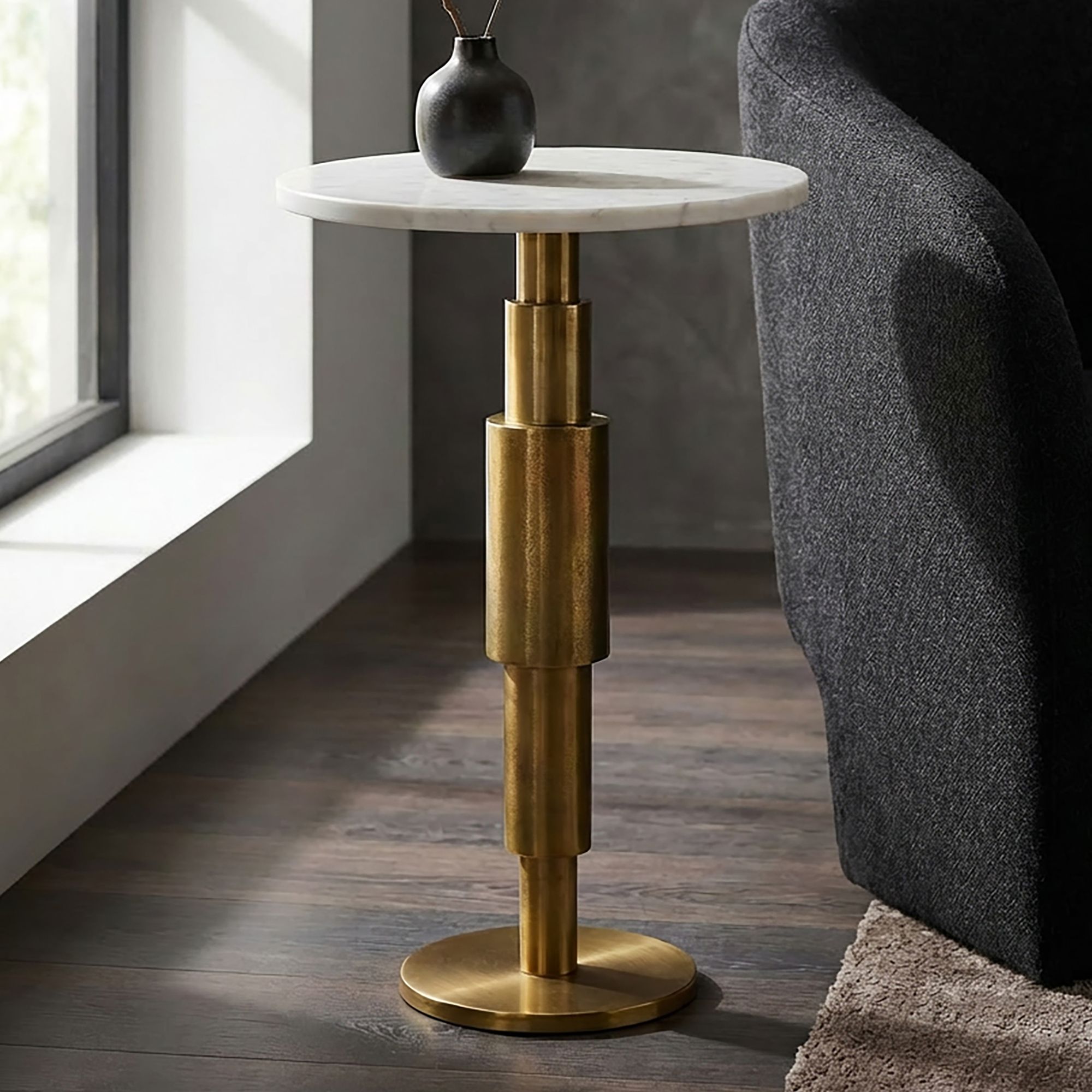 Round Marble Side Table 59 Cm, Decorative Table With Tabletop - Design Accent Table With Aluminum Frame - Modern Cantilever Sofa Table - Elegant Handmade Living Room Coffee Table
