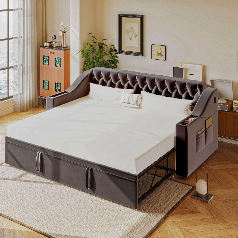 Image of Sleeper Sofa 90x190cm Extends To 180x190cm Bed, Velvet Fabric, Skin-friendly, Armrest Storage, Compartment, Sturdy Metal Frame, 300kg Load Capacity, Multifunctional For Living Room &