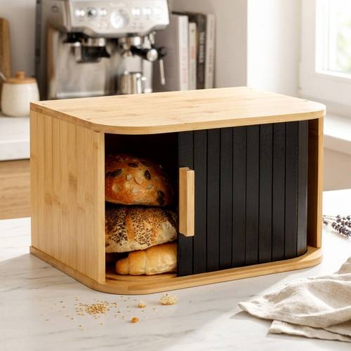 preces attēls bambusa maizes kaste 33x23x20 cm ar bīdāmām durvīm, ideāli piemērota maizes, maizīšu un cepumu uzglabāšanai, svaiguma saglabāšanai, izgatavota no izturīga bambusa koka, mūsdienīgs dizains, kompaktas izmēri, funkcionāla un ērta, ideāli piemērota jebkurai virtuvei, virsmas daļa kā papildu vieta piederumiem, vienkārša montāža, oriģināls zīmola produkts, atbilst eiropas standartiem