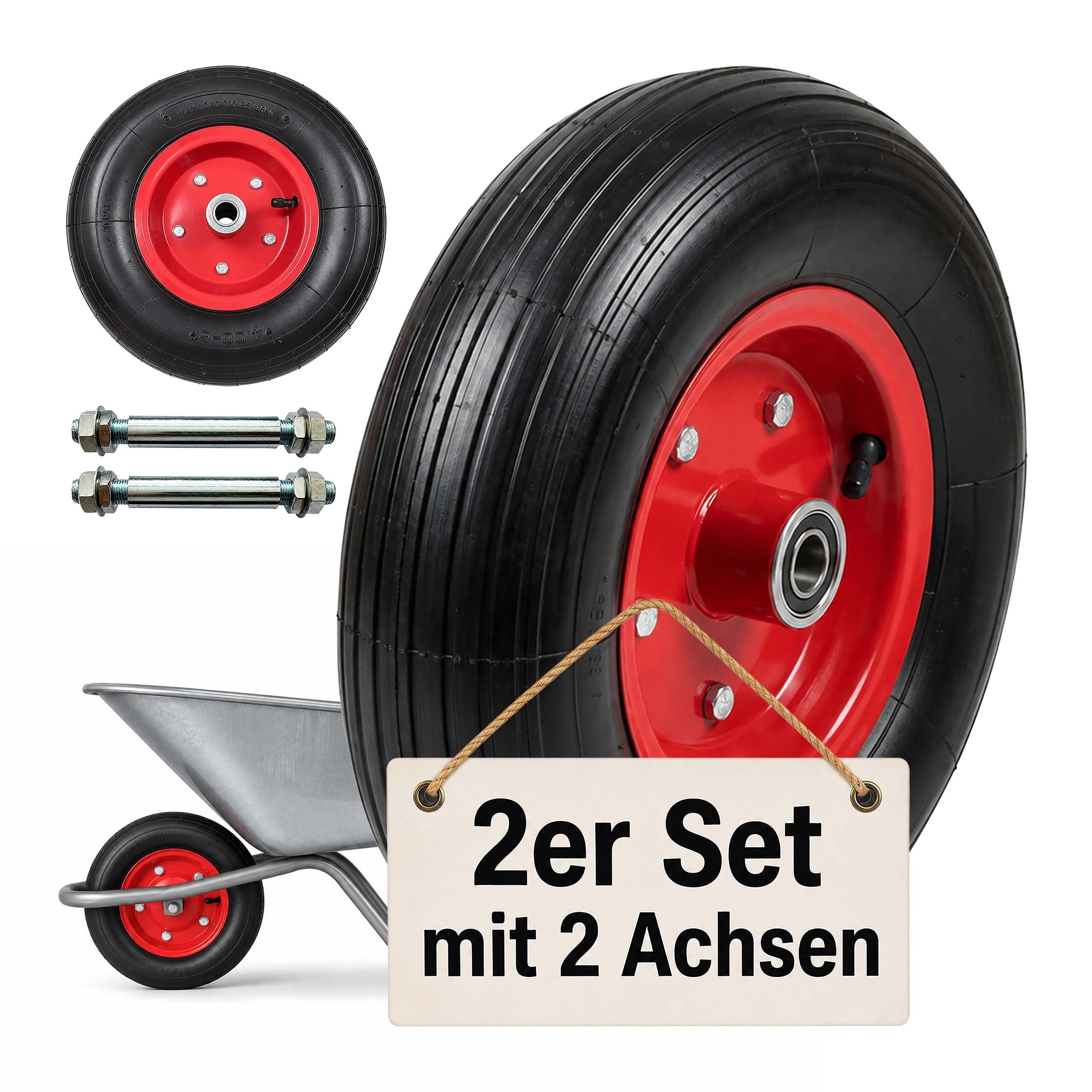 2 X Wheelbarrow Wheel In Black/red - 4.00-6