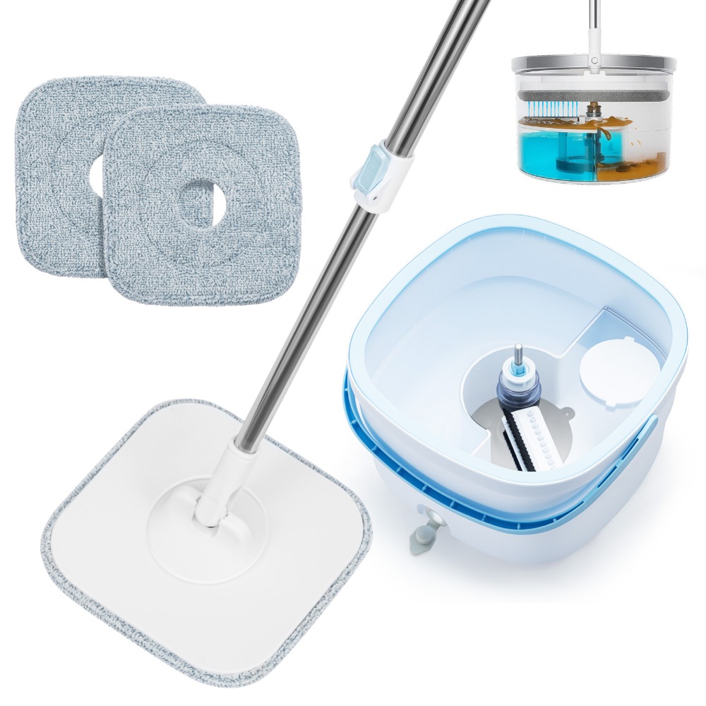 Mop Set With Bucket - 2-chamber System With Fresh And , Self-wringing Floor Mop With Head, 2 Microfiber Pads For All Floor Types