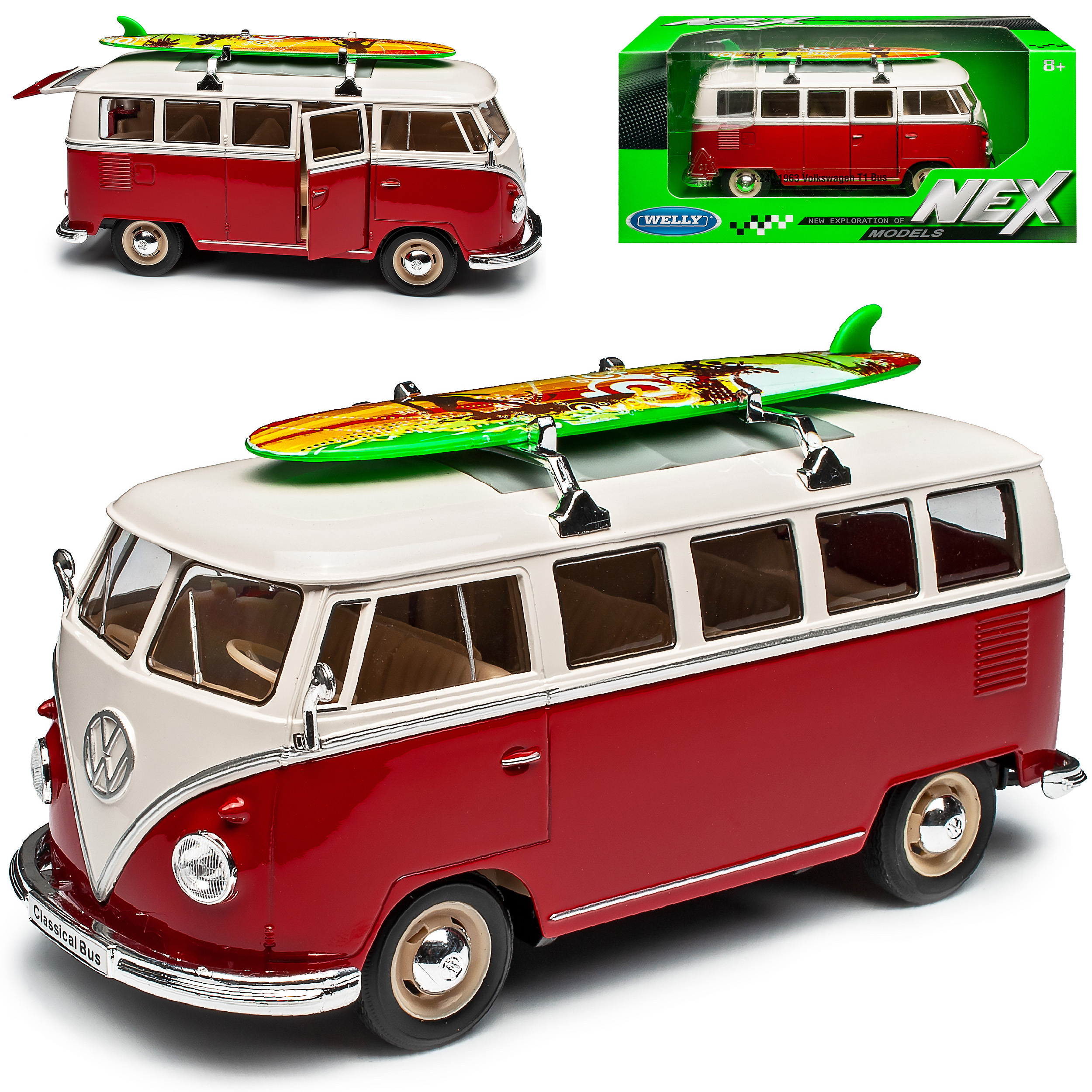Vw T1 Red White With Surfboard Bully Bus 1950-1967 1/24 Welly Model Car