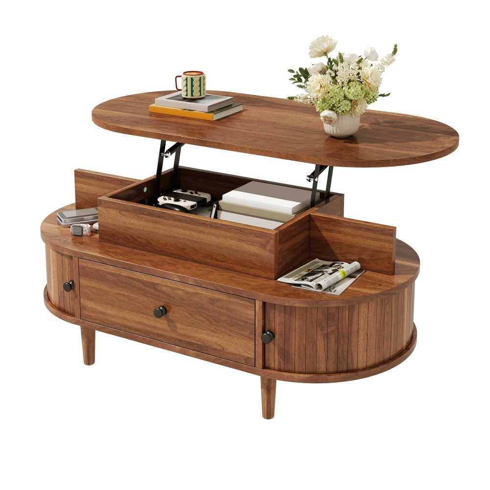 Image of Modern Oval Coffee Table, Lift-top Table, Laptop Desk, Gas Spring Lift System, Combines Open Shelves, Drawer, And Sliding Doors, Multi-level Storage Solution For Books, Games, And Home Accessories