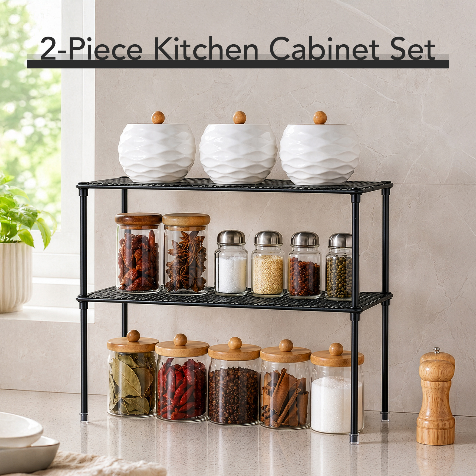 2-Tier White Mesh Metal Storage Rack for Kitchen & Bathroom