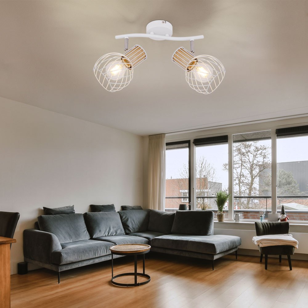 Ceiling Lamp 2 Flame Spotlights, Swiveling Ceiling Lamp With Grid Shades, Metal Wood, 2x E27 Sockets, Lxbxh 29.6x23x18.5 Cm