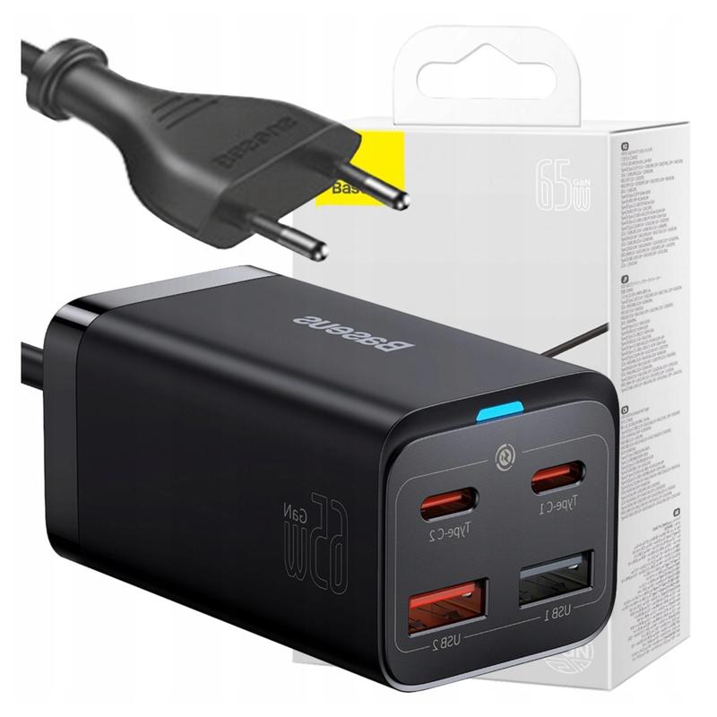 TEMU Network Charger Baseus Gan3 Pro, 65w, 2x Usb-c, 2x Usb, Fast Charging, Black, Compact, Compatible With Usb Devices.