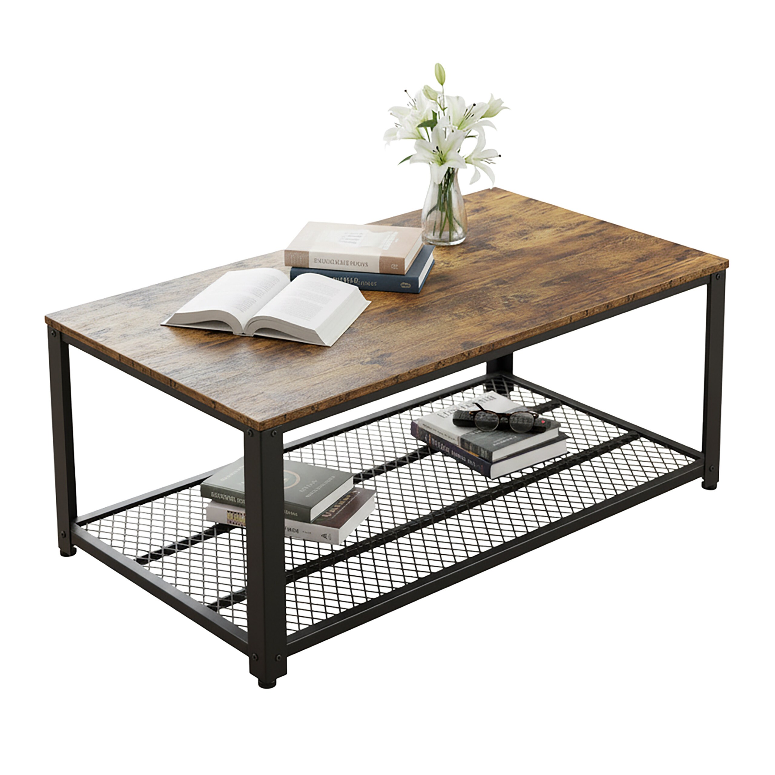 Image of Industrial Coffee Table, Rectangular, 45 X 106 X 60 Cm, , Brown-black, Grid Shelf, Height-adjustable Feet, For Living Room, Sofa And Tv, Coffee Table, Living Room Table, Table, Relaxdays
