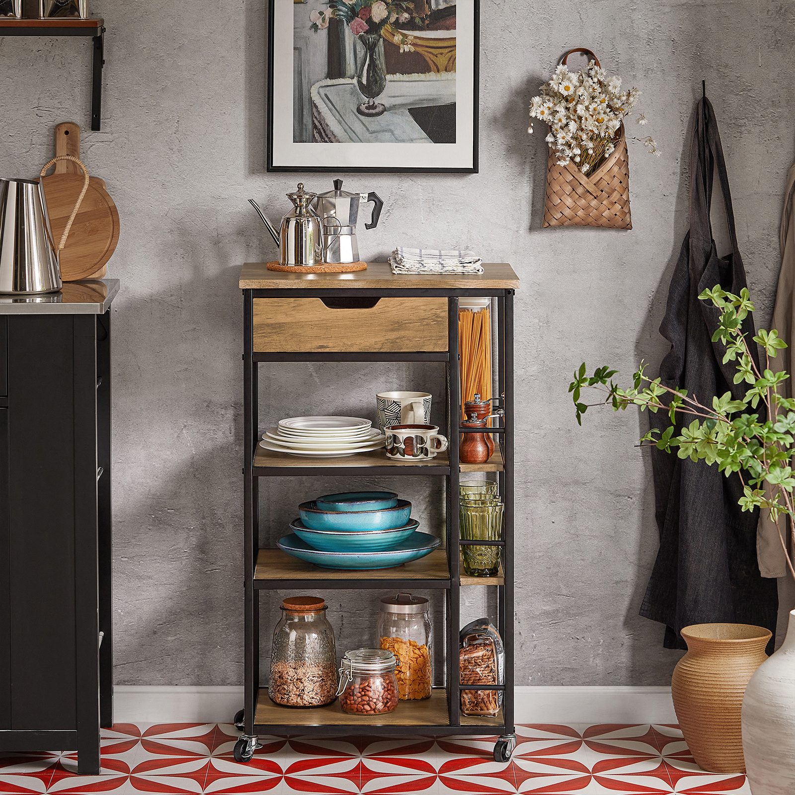 Chariot de Service avec 6 Étagères et 1 Tiroir, Table d'Appoint, Chariot, Chariot à Thé, Chariot de Bar, Chariot de Cuisine, Chariot de Cuisine, Étagère de Cuisine avec Roulettes BHT Approx.: 50X87X37Cm FKW99-N