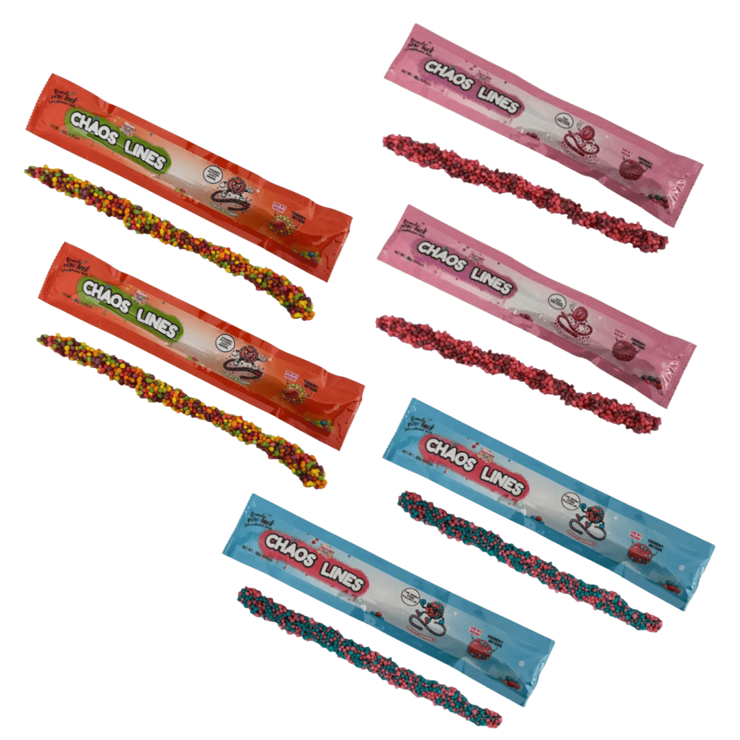 6x Chaos Candy – Chaos Lines Mix Pack | 2x Fruitstorm, 2x Mixed Berries, 2x Grape Straw | Chewable Candy Mix | Colorful Us Candy