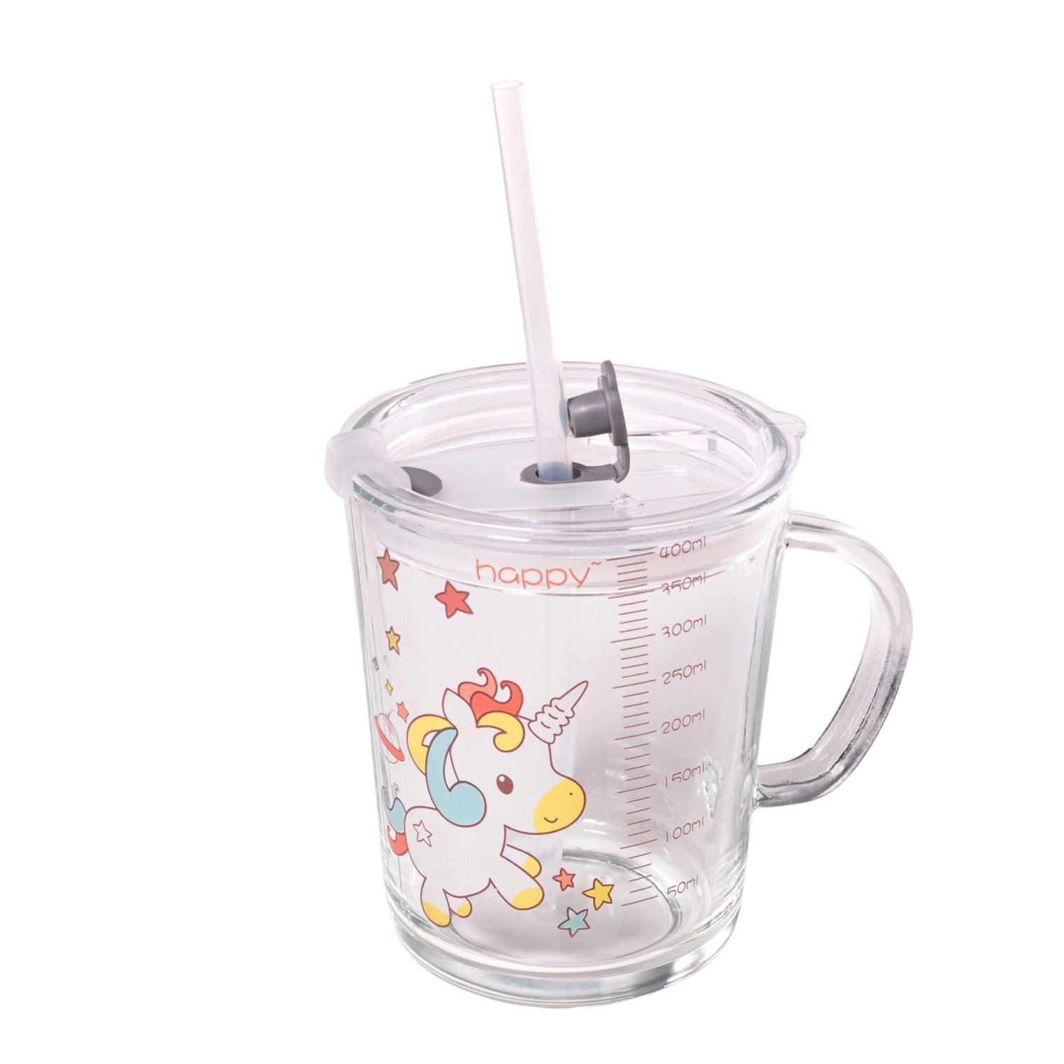 Image of Intirilife Kids Transparent Drinking Cup With Lid, Scale And Straw 400 Ml Drinking Glass Children' With Handle With Sweet Motif, Safe Drinking Without Spilling