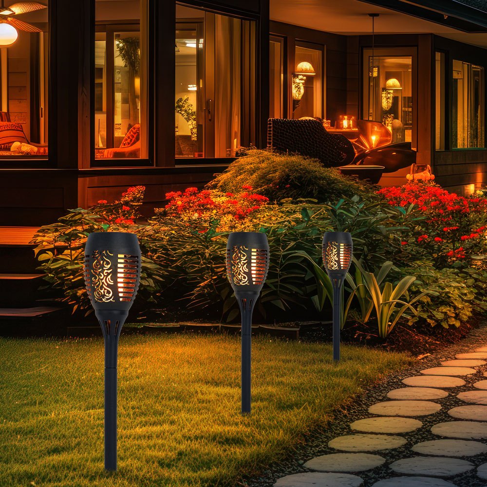 Solar Lamps For Outdoor Garden Decoration Torches, Effect Ip44 Ground Spike, Led Warm White, Height 59.5 Cm, 3pcs Set