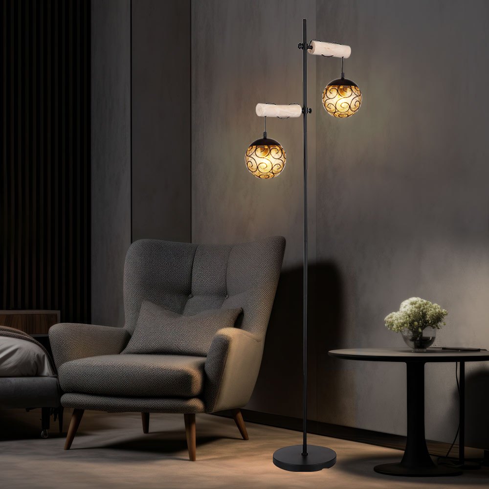 Image of Floor Lamp, , Accent Lamp, Living Room Lamp, Height Adjustable, Natural Wood, Amber Glass Shades, Black Metal, 2x E27 Sockets, Lxwxh 51x25x168cm