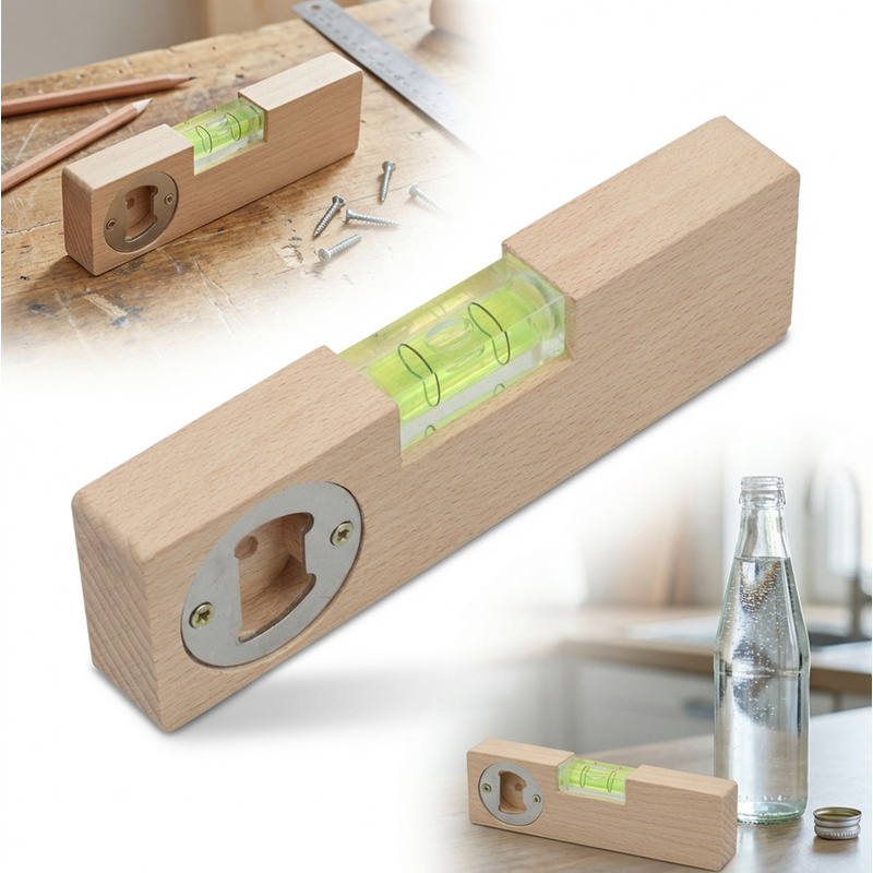 Image of Small Wooden Spirit Level With Beer Bottle Opener Made Of - Gift