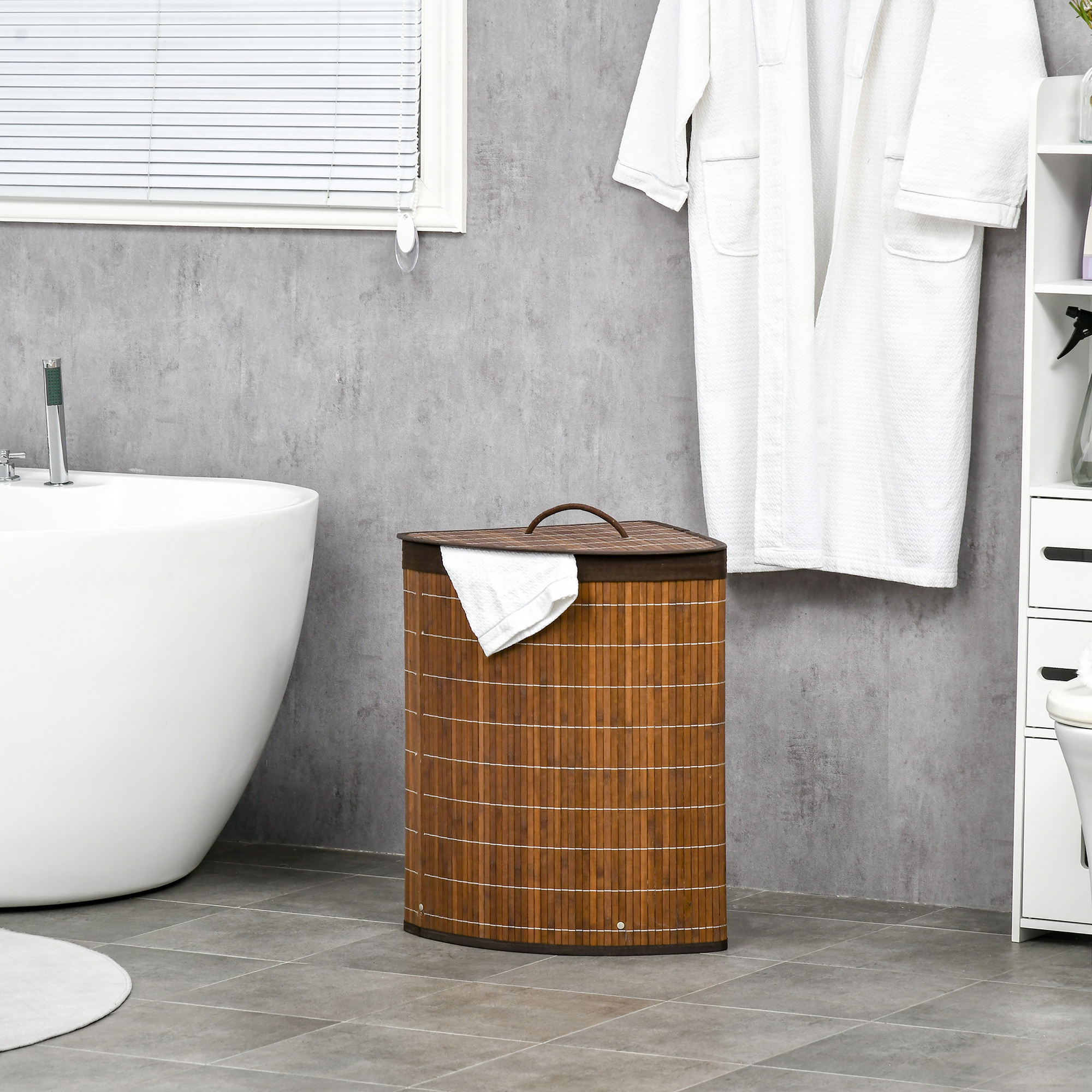 Image of Bamboo Laundry Basket With Lid 55l Laundry Collector With Handles, Removable Laundry Bag, Corner Laundry Tonne Laundry Baskets For Laundry Room Bathroom Bedroom Brown