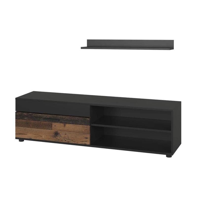 Image of Lowboard & Berno Black/oldstyle Tv Cabinet With 1 Flap, Wall Cabinet, Tv Cabinet Set, Living Room Cabinets, Chipboard, 16 Mm
