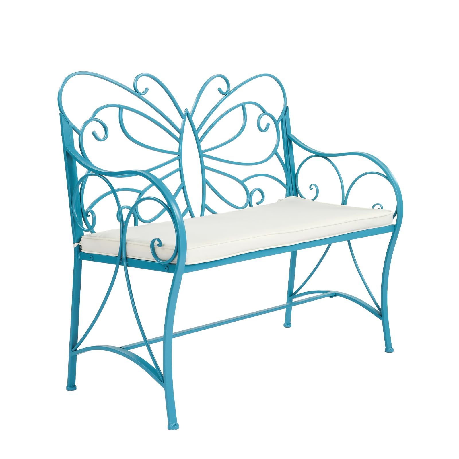 Image of Metal Garden Bench With Beige Seat Cushion, 2-seater Bench, Dining Bench With Backrest, Garden Furniture Supports Up To 300kg, Benches For Garden, Balcony, Courtyard, 102 Cm Long, Blue