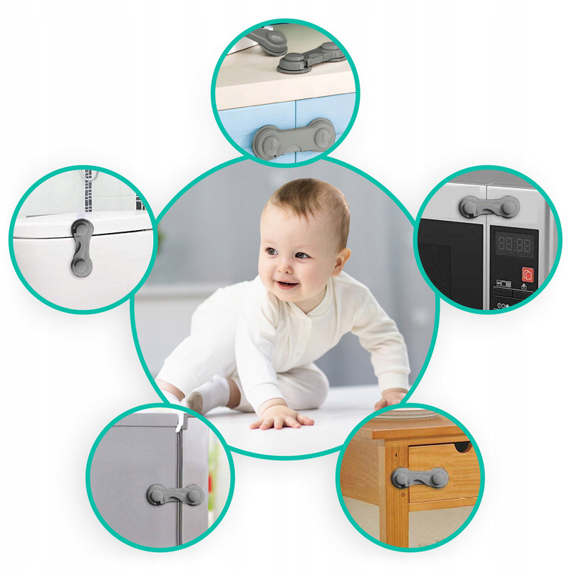 RicoKids Sigurnosne brave za ormariće i ladice za djecu (10 kom) - Sigurne kopče za namještaj za djecu, jednostavna instalacija, izdržljiva plastika, siva