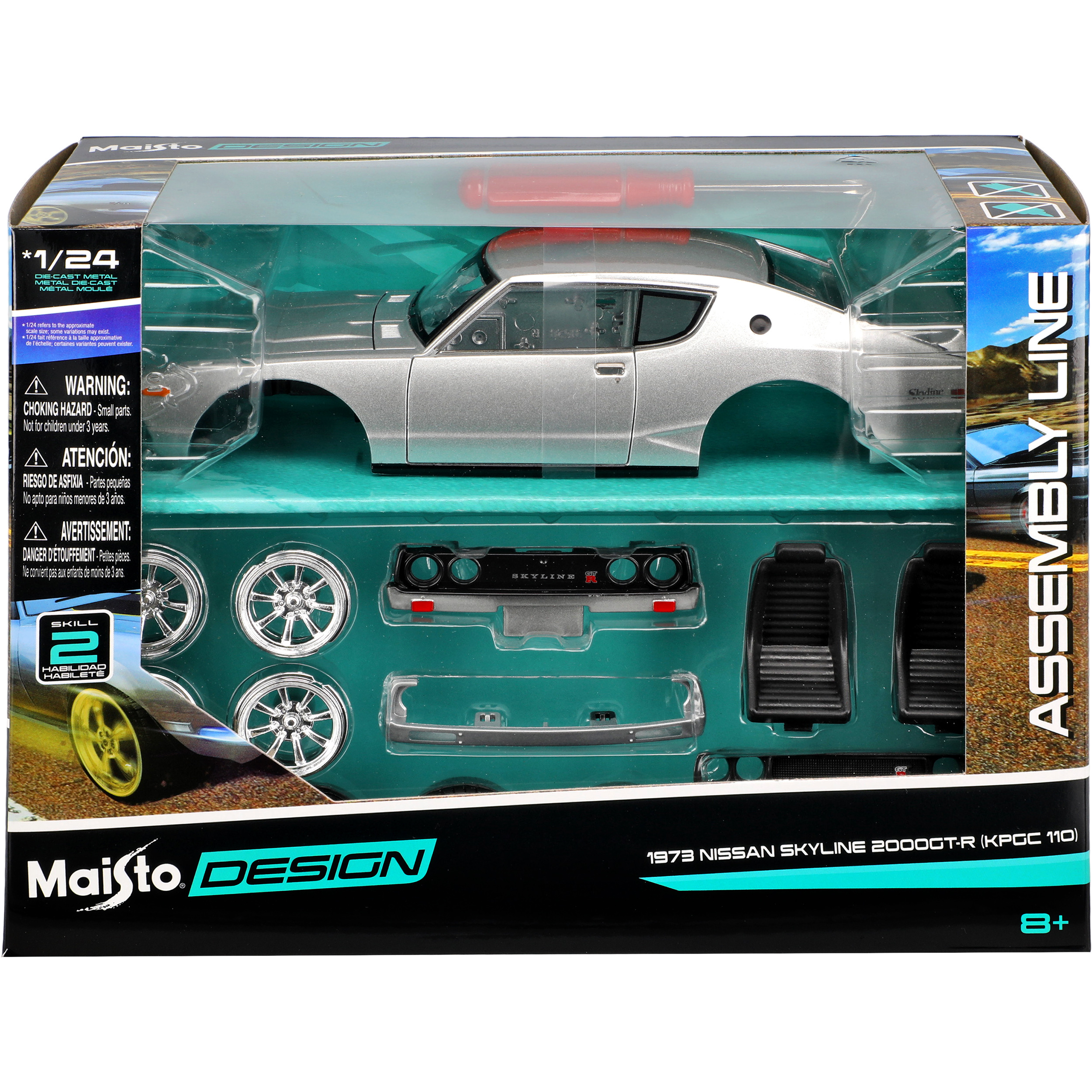 Image of Skyline 2000 Kpgc110 Type Coupe Silver 1972-1977 1/24 Scale Model Car Kit By Maisto