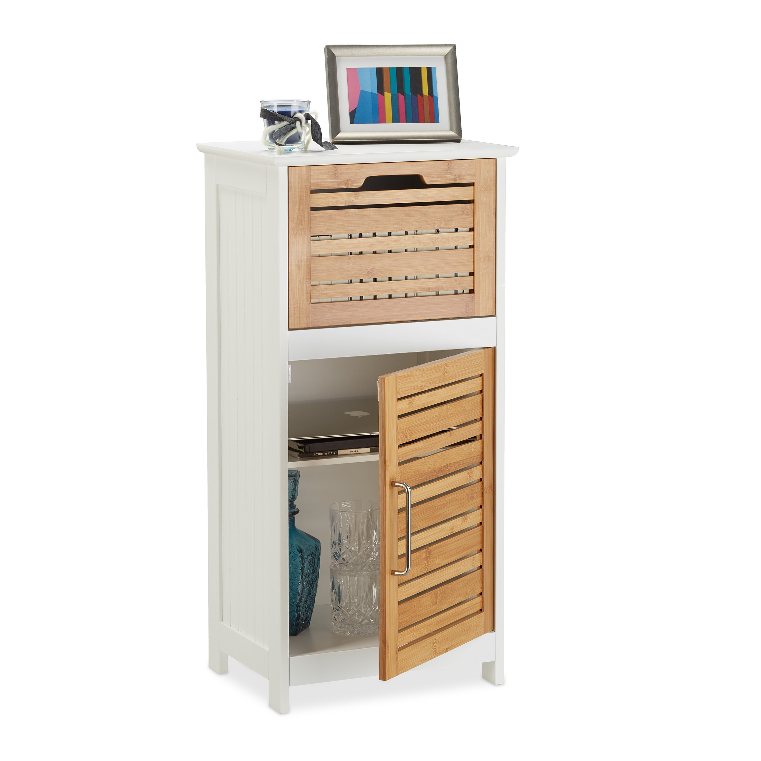 TEMU Mueble auxiliar , medio de bambú, 83 x 40 x 30 cm, con puerta y cajón, de listones, estante regulable , para baño, recibidor, despacho y salón,
