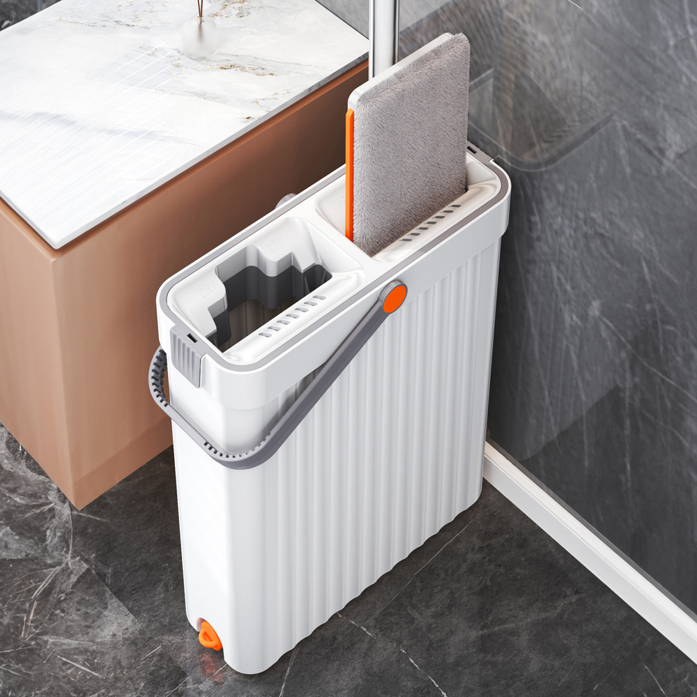 2 in 1 hands   mop bucket set dry wet   with washable mop cloths quick dry for hardwood tile laminate bathroom 2 reusable microfiber pads details 2