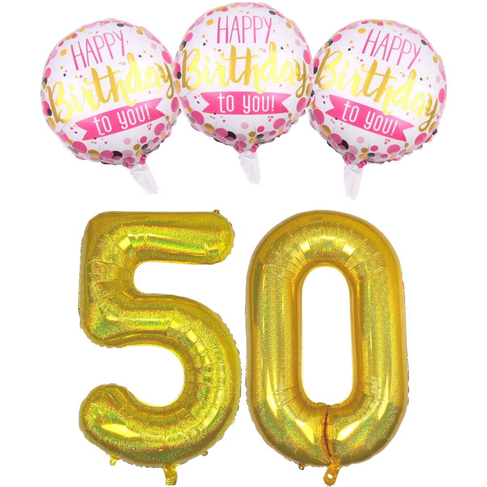 Image of Diwuli Birthday Decor 50 Years Set Gold Number Balloon Decor, Set With Balloon, Inflating Rod, Balloon Ribbon & Multilingual Card