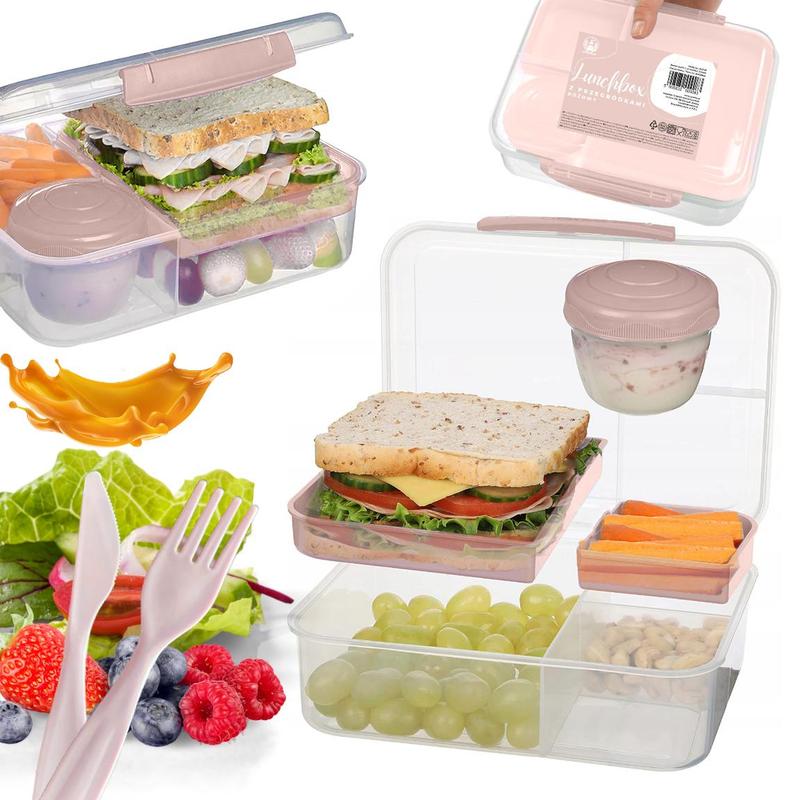TEMU Lunchbox With Compartments Pink 22x18.6x6cm 2200 Ml Container Divided With Removable Trays And Screw-top Container For Sauce And Cutlery In The