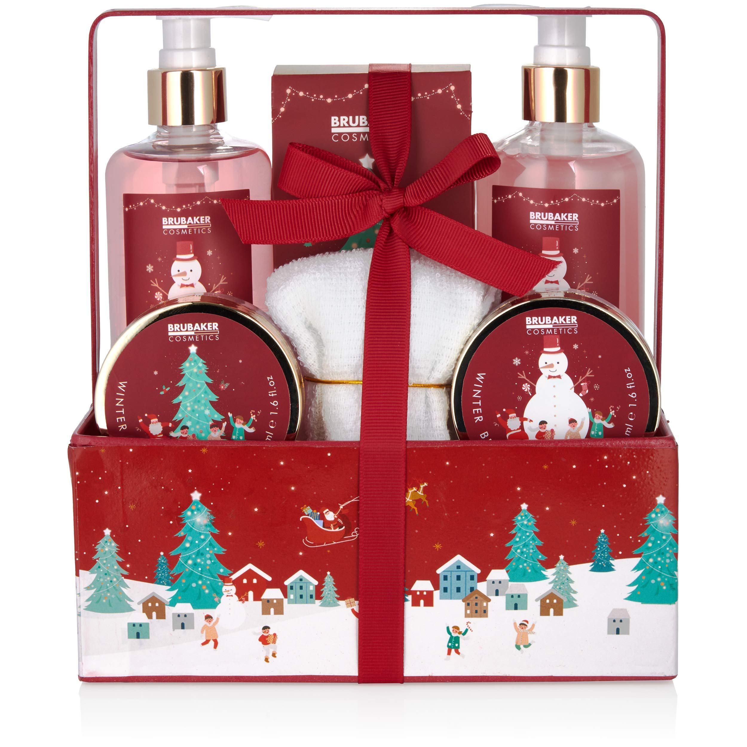 Image of Brubaker Cosmetics Bath And Shower Set Winter Berries Scent - 7-piece Gift Set In A Christmas Planter Box With Christmas Towel - Christmas Set For Women And Men