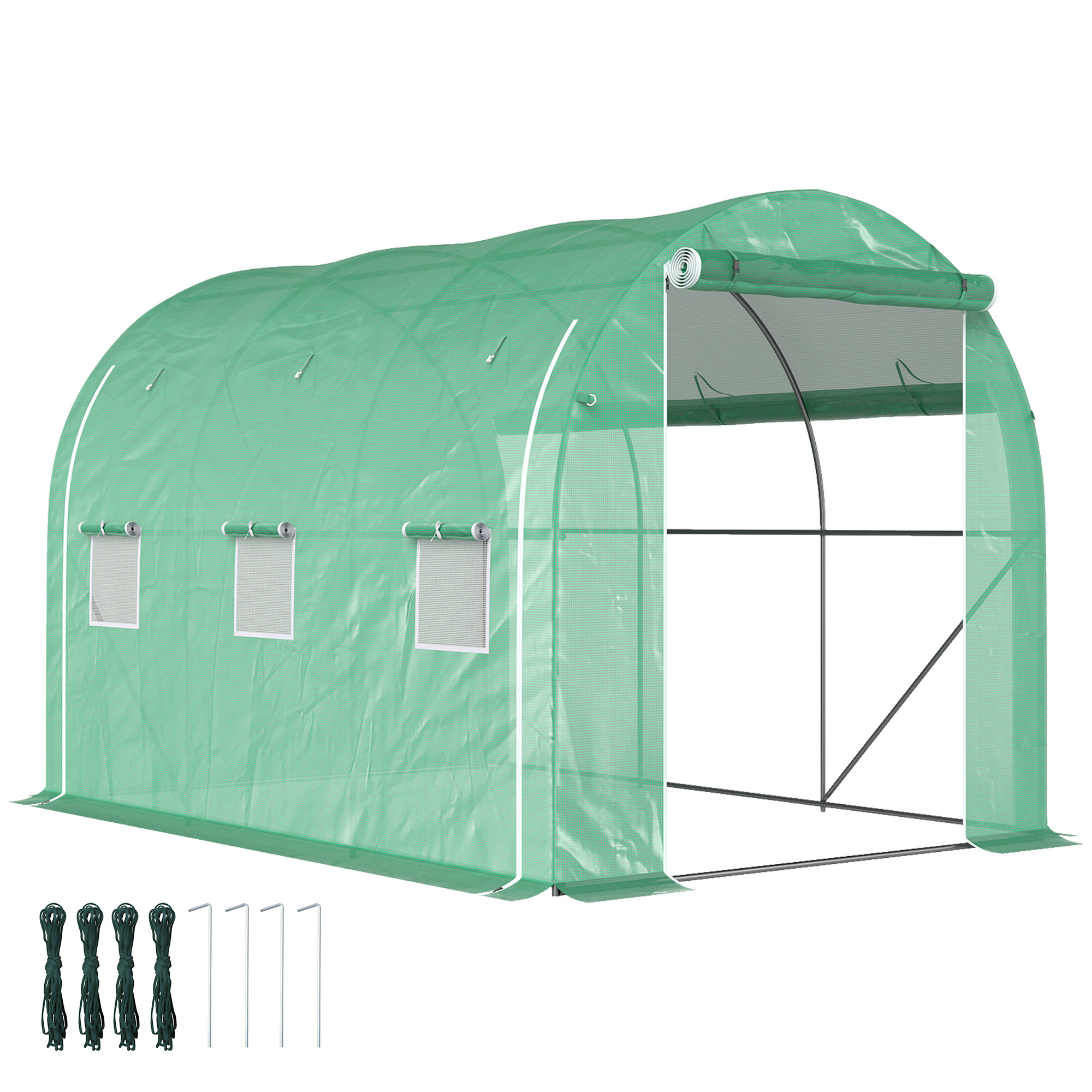 Outsunny Garden Greenhouse 6 M² 3 X 2 M With 1 Door + 2 Roll-up Zippered , 6 Windows, High Density Pe Galvanized Steel 140 G/m² Anti-uv Green