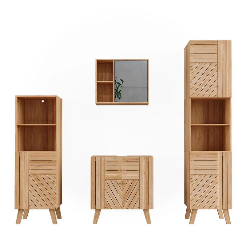 Image of 4-piece Bamboo Bathroom Furniture Set - Under-sink Cabinet, Bathroom Mirror Cabinet, Mdf Bathroom Cabinet, 12mm