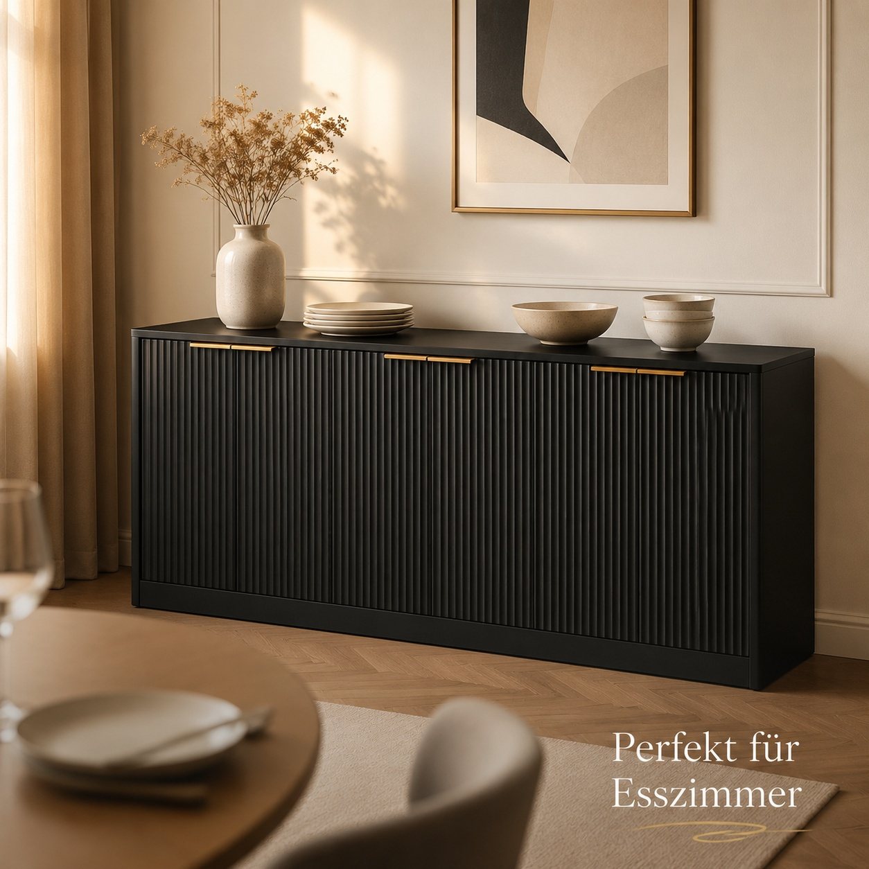 Image of 170 Sideboard With 6 Grooved Doors, Cabinet With Golden Handles For Dining Room Living Room Hallway, 170*40*70.5cm