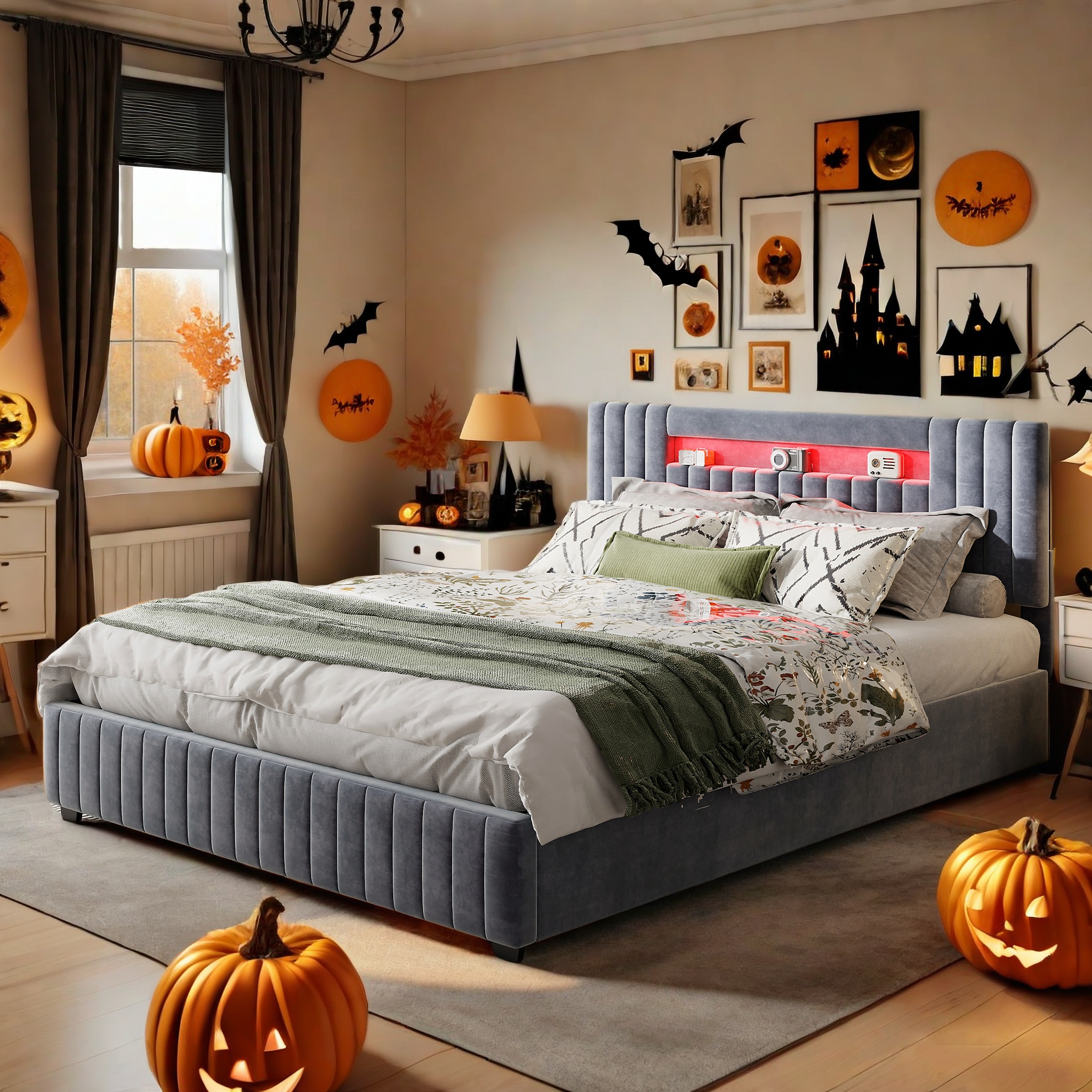 TEMU Lit double avec rangement, éclairage LED, barre à gaz, fonction de rangement, chargement USB, montage rapide, cadre de lit en métal velours, ,