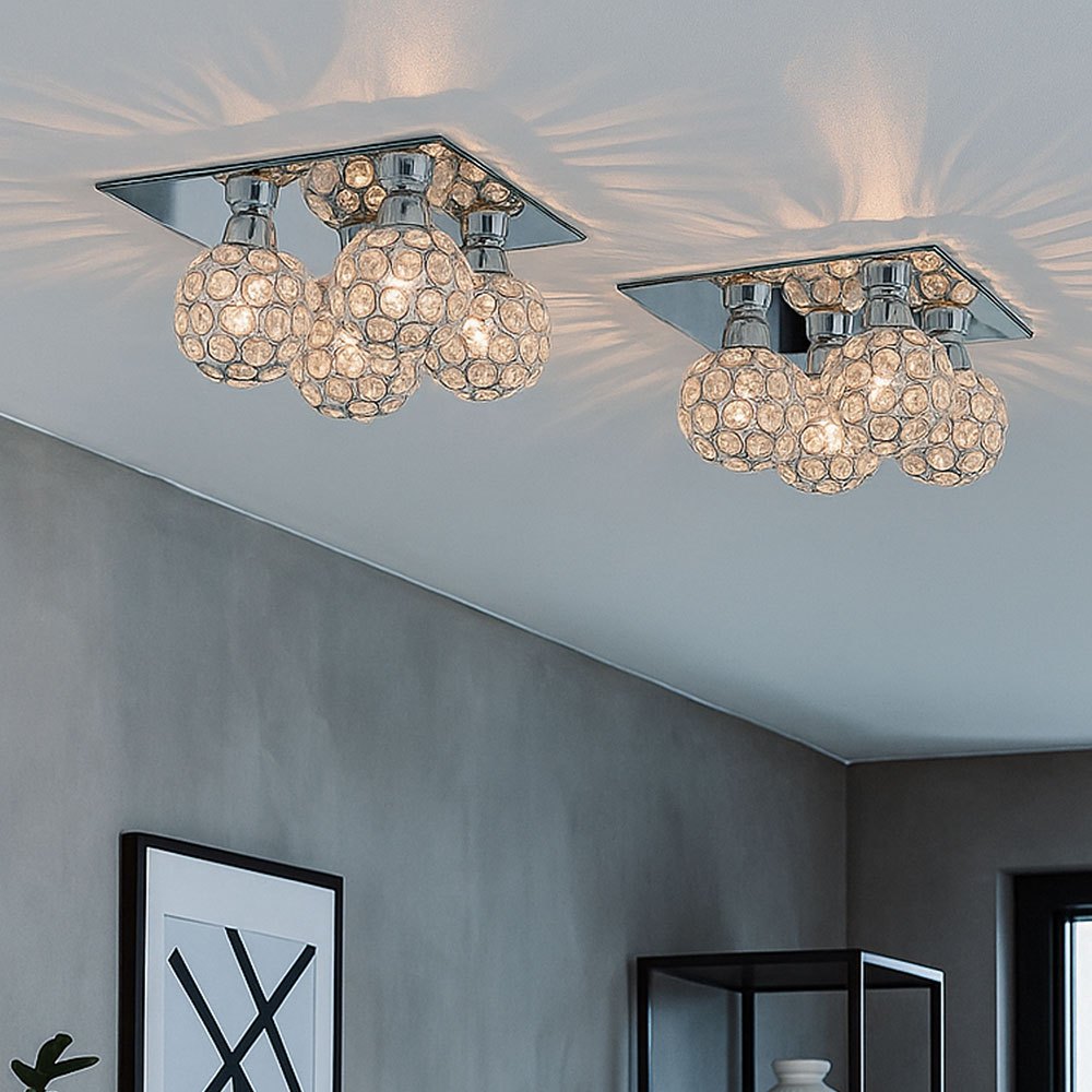 Ceiling Light With Crystal Shades, Chrome Finish, Modern Crystal Ceiling Lamp, Metal, 4-light G9 Sockets, Dimensions Lxwxh 23x23x13.2 Cm